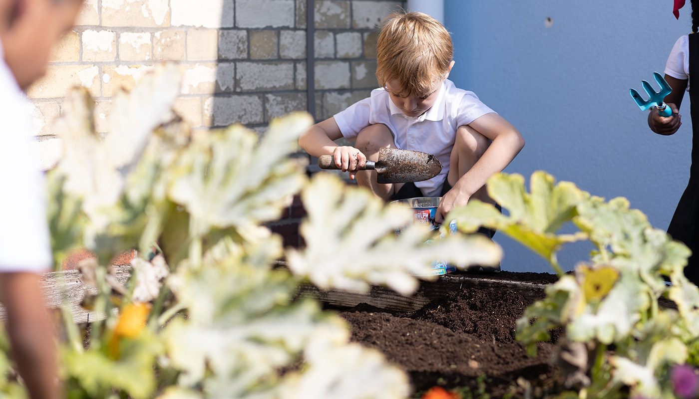 A young schoolboy gardening