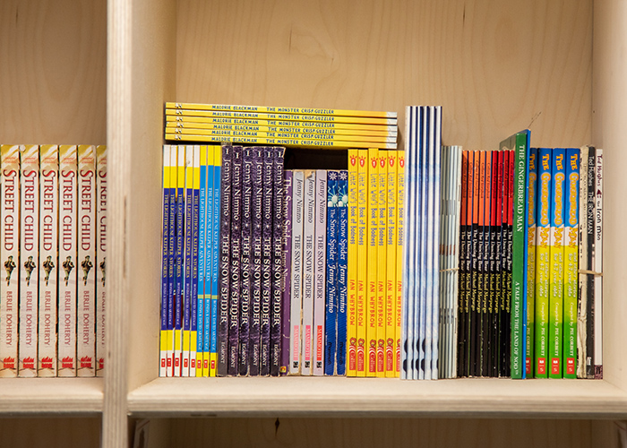 School textbooks on a shelf